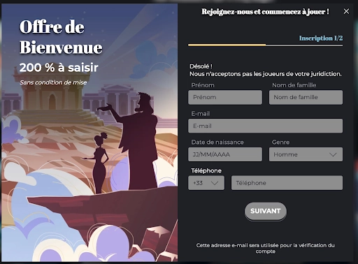 Profitez de l’offre de bienvenue 200 % dès votre inscription sur Olympe Casino Offre de bienvenue avec 200 % de bonus sans condition de mise